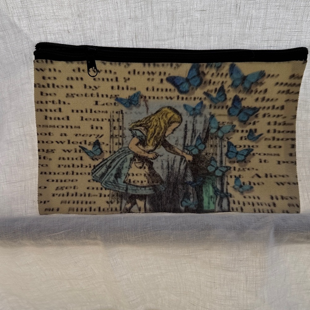 Canvas Butterfly Print Pouch - Blue/Tan